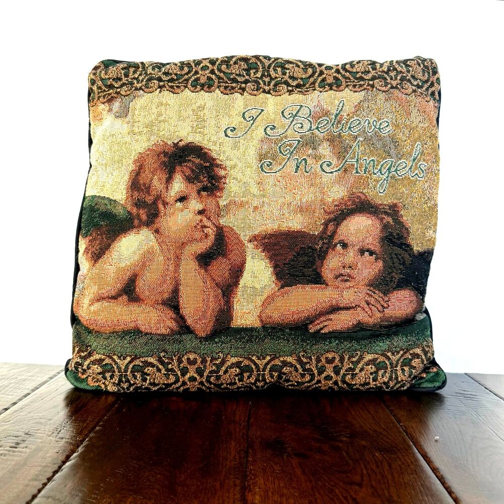 Vintage 1980s Raphael Angels Pillow | "I Believe in Angels" Tapestry Pillow
